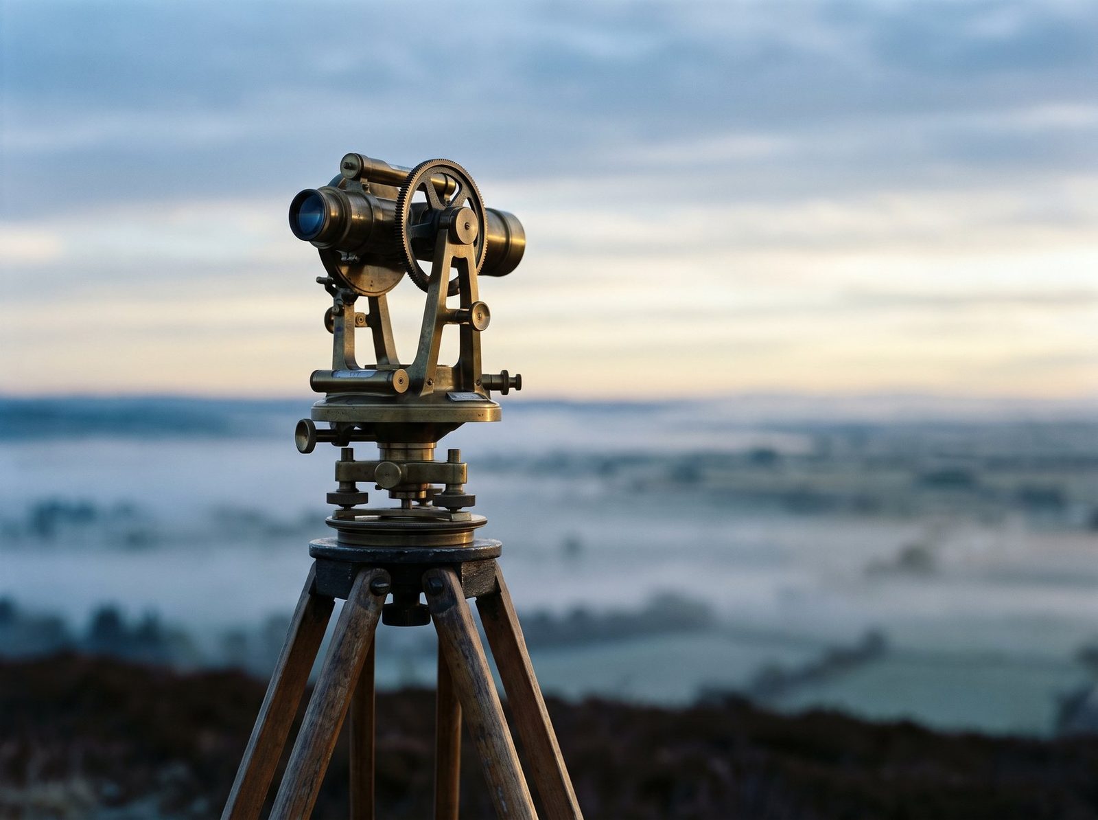 Theodolite on a ridge above the mist at sunrise