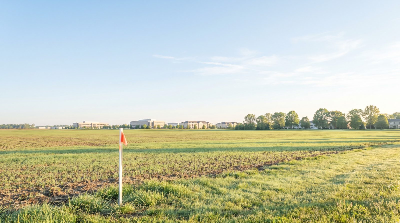 Survey stake on a plot boundary at dusk