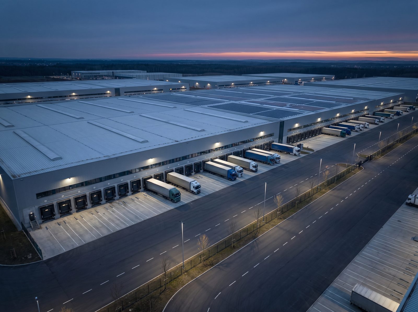 Completed logistics park at dusk
